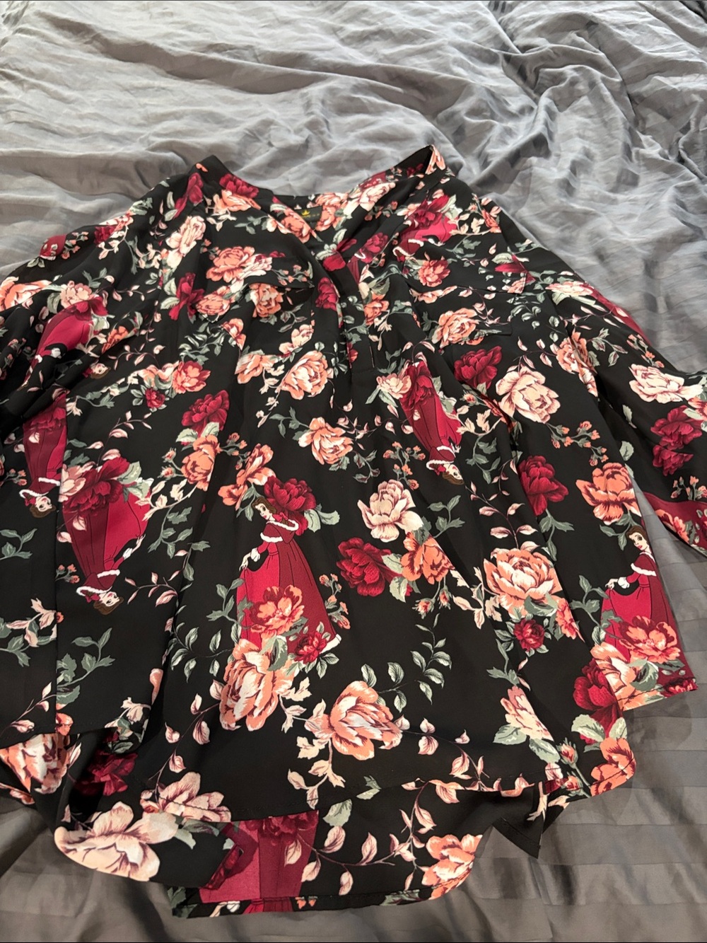 Black Floral Blouse with Rose and Burgundy Accents